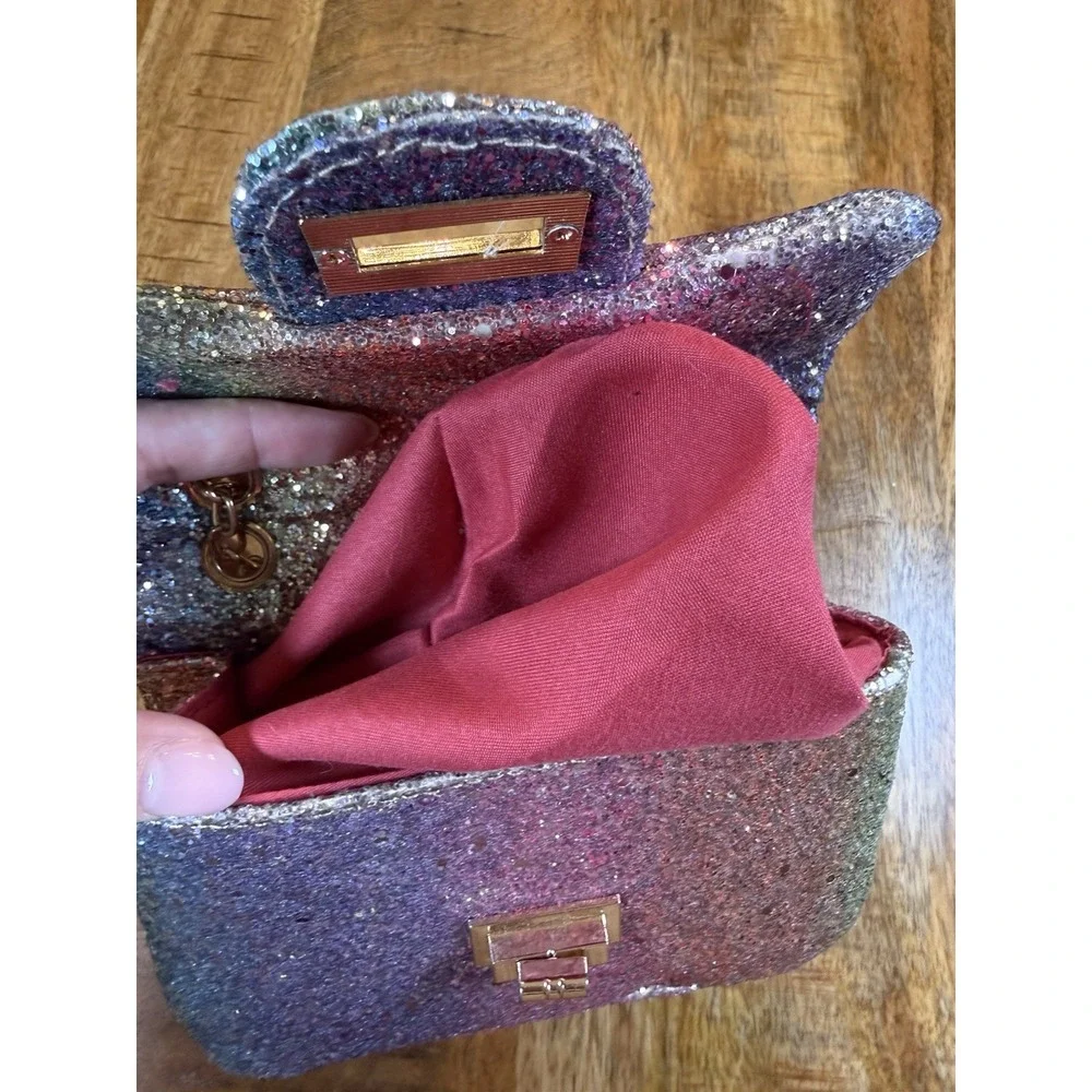 Girls Rainbow Glitter Mini Purse Gold Chain Crossbody Kids Sparkle Handbag